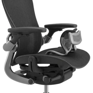 Detailed view of ergonomic adjustments on the Herman Miller Mirra 2, showing armrests, seat depth, and lumbar support. aeron vs leap v2