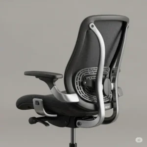 Close-up of an Allsteel office chair highlighting its adjustable lumbar support and ergonomic features designed for optimal posture.