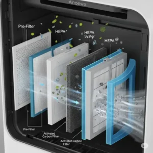 Multi-layer HEPA filtration system of aroeve air purifiers capturing airborne particles and allergens.