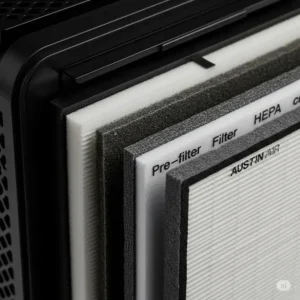 Close-up of an austin air purifier filter system, highlighting the multi-stage filtration for superior air purification.