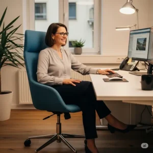 Person comfortably sitting in a stylish blue office desk chair at a computer desk.