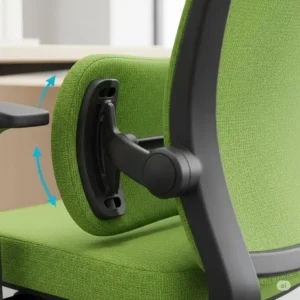 "Close-up of a green office desk chair highlighting adjustable lumbar support for back pain relief."