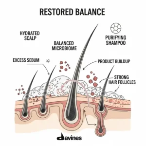 Diagram showing a healthy, balanced scalp after using Davines Purifying Shampoo.