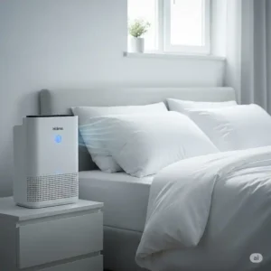 Holmes air purifier quietly operating in a bedroom, promoting better sleep.