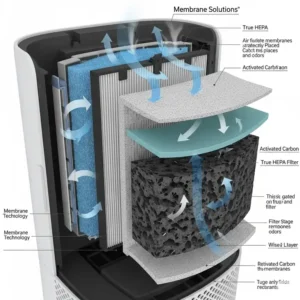Detailed cross-section of a Membrane Solutions air purifier highlighting advanced filtration layers, including the true HEPA and activated carbon filters.