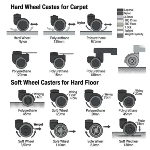 Diagram illustrating different types of office chair casters, including hard wheel casters for carpet and soft wheel casters for hard floors.