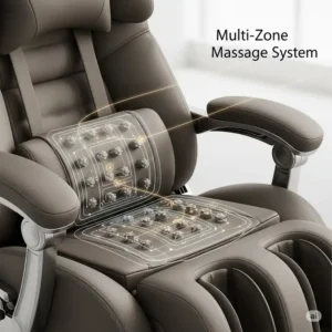 "Close-up of an office chair with massage and heat highlighting its multi-zone massage features for back and lumbar support."