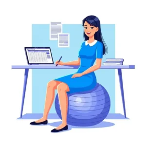 "Illustration of an office worker comfortably sitting on a pilates ball office chair, demonstrating active sitting at a desk."
