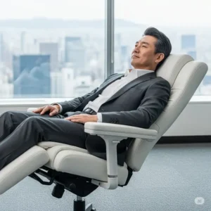 "Professional seated comfortably in a zero gravity office recliner, showcasing the reclined position for pressure relief."