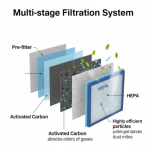 Diagram illustrating the multi-stage filtration system of a pure air air purifier, showing HEPA, activated carbon, and pre-filter layers for comprehensive air purification.