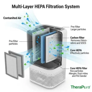 Diagram illustrating the multi-layer HEPA filtration system within a TheraPure air purifier, capturing allergens and fine particles.