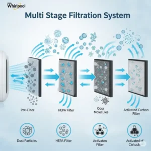 Diagram illustrating the multi-stage filtration system of a Whirlpool air purifier, showing how it captures dust, allergens, and odors.
