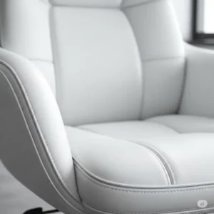 Close-up of the luxurious white leather upholstery on a comfortable office desk chair.