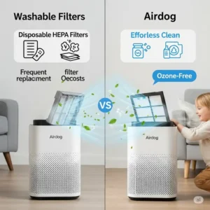 Visual comparison highlighting the advantages of airdog air purifiers over traditional HEPA filter systems, emphasizing washable filters and ozone-free operation.
