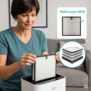 "Someone easily replacing the multi-layer HEPA filter in an Alen air purifier, demonstrating the simple maintenance process for this Alen air purifier review."