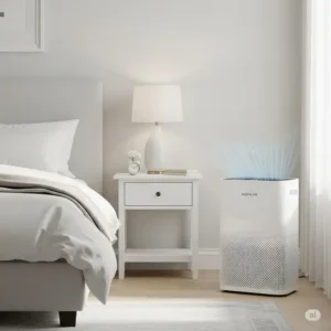 austin air purifier quietly operating in a clean bedroom, improving air quality for better sleep.