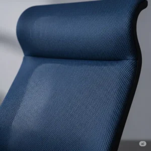 Close-up view of the breathable mesh fabric on a high-back blue office desk chair.
