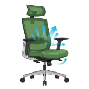 "Illustration of a breathable mesh back green office desk chair, ideal for long hours."