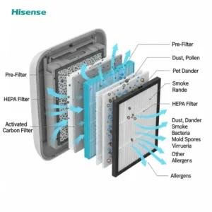 Diagram illustrating the multi-layer HEPA filtration system within a Hisense air purifier, highlighting its ability to capture airborne particles.