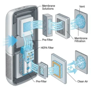 Diagram illustrating how the Membrane Solutions air purifier captures airborne pollutants and releases clean, fresh air into the room.