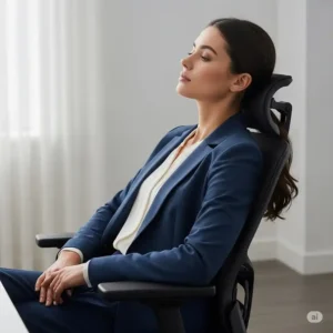 "Person utilizing office chair headrest for comfort."