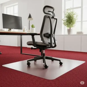 "An office chair resting on a protective mat, demonstrating how an office chair mat for thick carpet prevents indentations and allows easy movement on plush flooring."