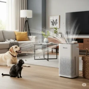 Okaysou air purifier effectively removing pet dander and odors in a home with a dog and cat.