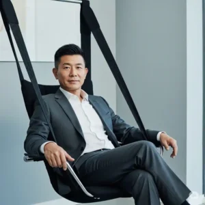 Professional comfortably seated in a black bungee office chair, demonstrating proper posture and support.