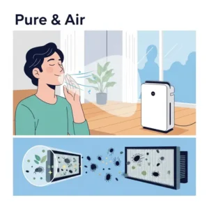 Graphic showing a person breathing easily indoors with a pure air air purifier, highlighting benefits for allergy and asthma sufferers by removing airborne allergens.