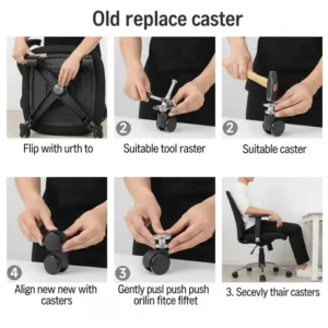 Step-by-step guide showing how to easily replace old or broken office chair casters with new ones.