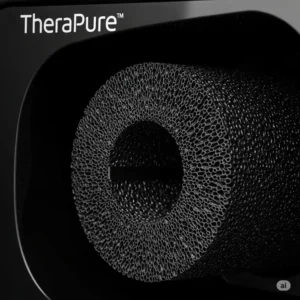 Close-up of the activated carbon filter in a TheraPure air purifier, designed to neutralize odors and harmful gases.