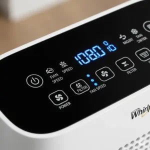 Close-up view of the user-friendly control panel on a Whirlpool air purifier, highlighting intuitive settings and fan speed options.