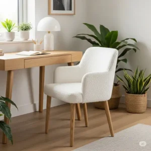 Stylish white boucle desk chair in a contemporary home office setting, highlighting its soft texture.