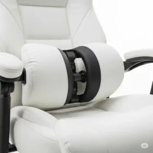 Detailed view of the adjustable lumbar support on a white leather office chair, promoting good posture.