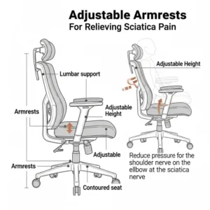 Diagram of an office chair for sciatica with adjustable armrests, promoting proper posture.
