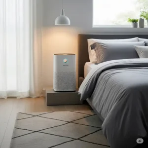 An airdog air purifier placed discreetly in a bedroom, ensuring clean, fresh air for better sleep and reduced allergens.