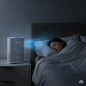"An Alen air purifier quietly operating in a clean bedroom setting, emphasizing its suitability for nighttime use as part of an Alen air purifier review."