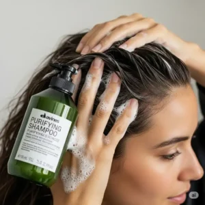 Person gently massaging Davines Purifying Shampoo into their scalp to remove impurities.