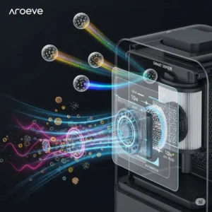 Smart sensors in aroeve air purifiers detecting pollutants and auto-adjusting purification settings.
