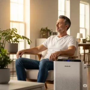  Person breathing easily near an austin air purifier Allergy Machine, demonstrating relief from airborne allergens with this powerful air purifier.