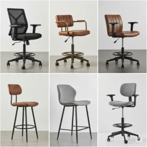 Variety of bar height office chair designs, including mesh back, leather, and fabric options for different styles.