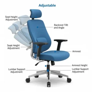 Diagram showcasing the adjustable dimensions of a premium blue office desk chair.