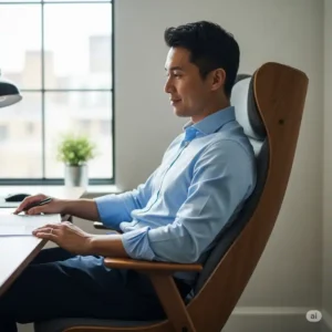 "Person comfortably seated in a wood office chair, demonstrating good ergonomic posture."