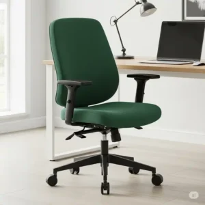 "Green office desk chair with smooth-rolling casters for easy movement around a workstation."