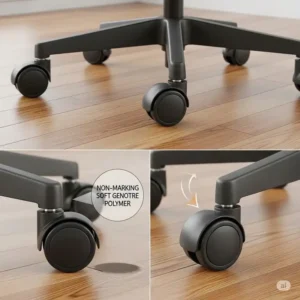 Visual of office chair casters specifically designed for protecting hardwood floors, featuring soft, non-marking wheels.