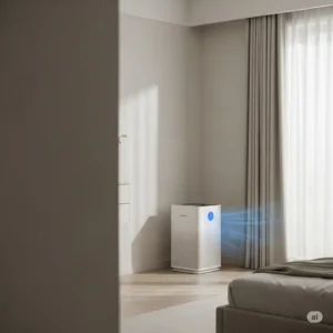Hisense air purifier quietly operating in a clean bedroom, promoting better sleep by improving air quality.