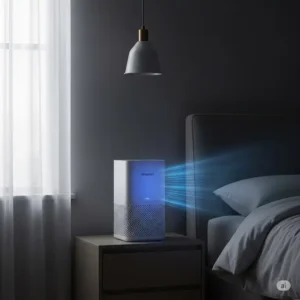 Sleek Okaysou air purifier quietly purifying the air in a bedroom, promoting better sleep.