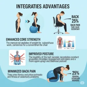 "Infographic illustration showcasing the key benefits of using a pilates ball office chair, such as improved core strength, better posture, and reduced back pain."