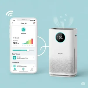 Illustration depicting a pure air air purifier connected to a smartphone app, showcasing smart features like remote control, air quality monitoring, and scheduling.