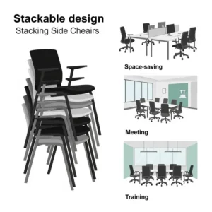 Illustration demonstrating the stackable design of office side chairs, ideal for space-saving and flexible arrangements in offices or meeting rooms.